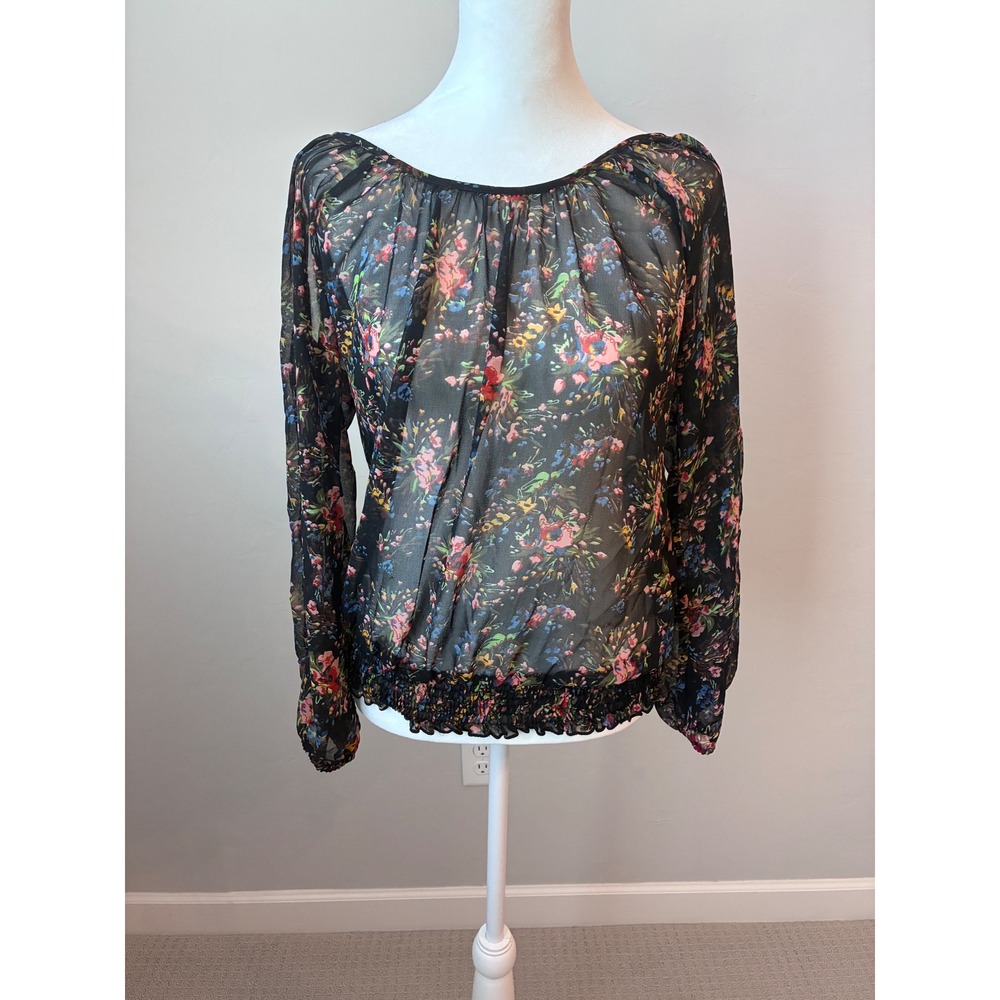 Angie Floral‎ Sheer Blouse Long Sleeve Black Multicolor Boho Bohemian Top